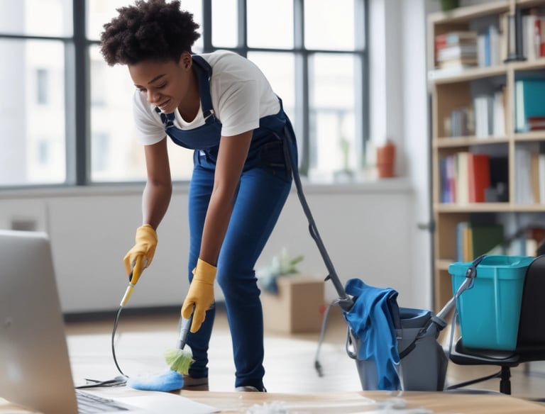 A professional cleaner in uniform carefully wiping down an office desk with a microfiber cloth.