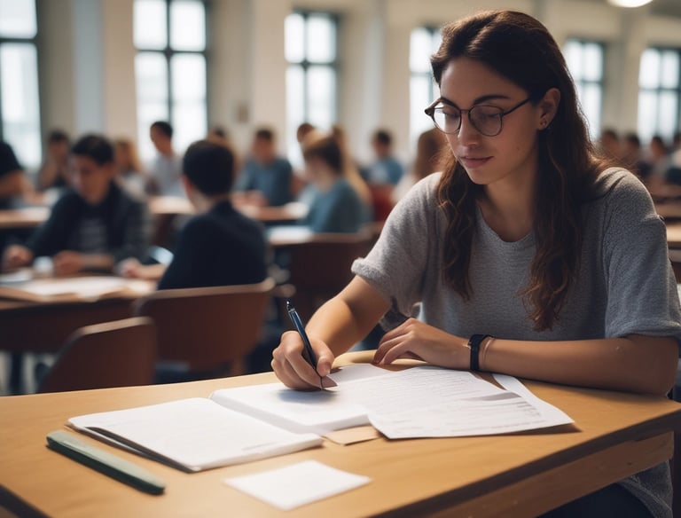Student filling out enrollment paperwork at a cozy desk
