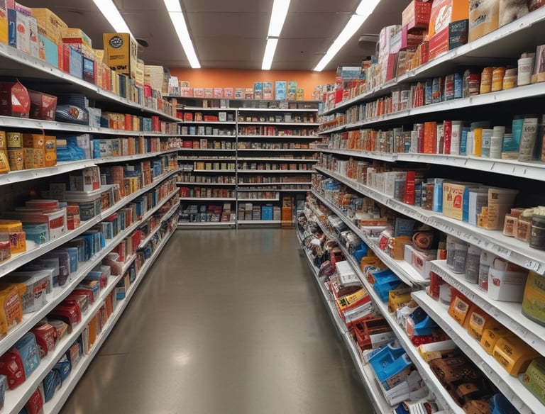 A colorful pet store section with a vibrant blue and yellow floral theme. Shelves are filled with pet party kits, grooming products, and toys. A plush cushion shaped like a flower with a smiley face is placed in the corner along with stuffed animals resembling dogs and lions. The area is labeled as 'Pet Zone' with a prominent sign.