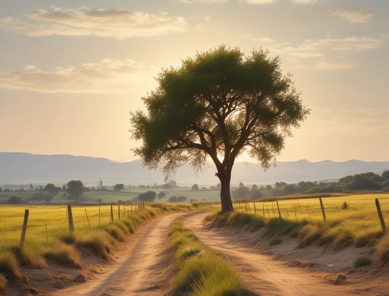 A peaceful outdoor retreat setting with people meditating under tall trees in soft morning light.