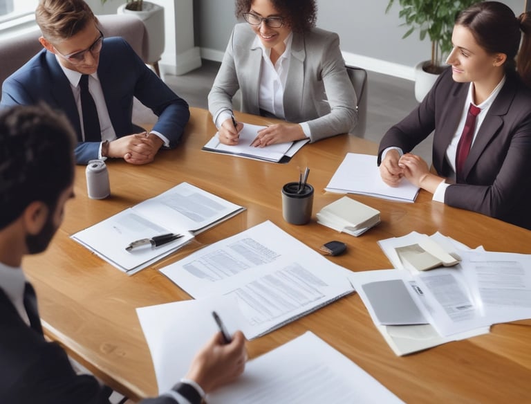 Diverse business professionals in a corporate board meeting reviewing documents and taking notes at a conference table.