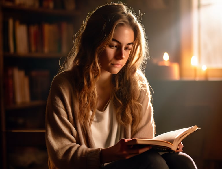 a woman sitting on a couch reading a book