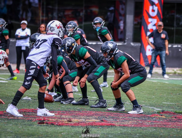 Jugadores de 16 años de la categoría Ponys jugando football americano