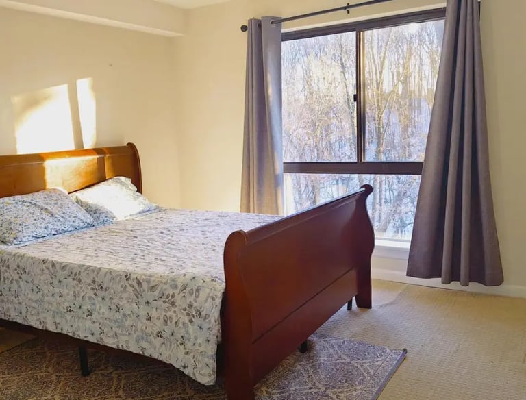 Comfortable primary bedroom with large windows at Apartment for Rent Anacostia DC, 1719 Gainesville