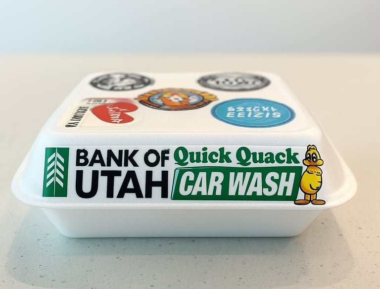 Image of a clamshell togo box with advertising on the side of the lid