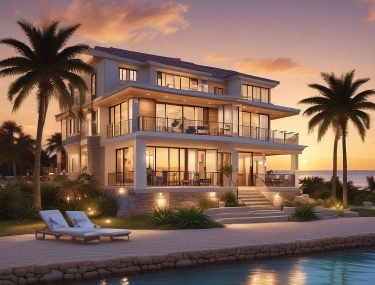 Scenic countryside villa surrounded by lush greenery and hills.