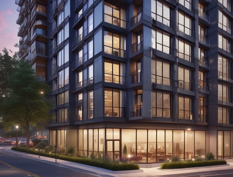 Modern apartment building with balconies overlooking a city skyline at sunset.