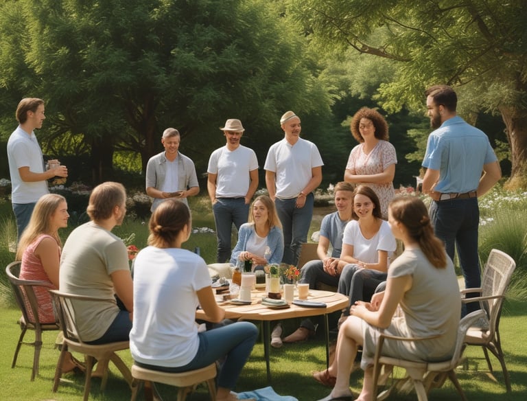 A person is seated on the ground in a meditative pose, holding a red-tipped percussion mallet to their forehead. They are wearing a beige shirt and loose blue patterned pants. In front of them, a large singing bowl is placed on the ground. The background features a clear blue sky and some green trees.