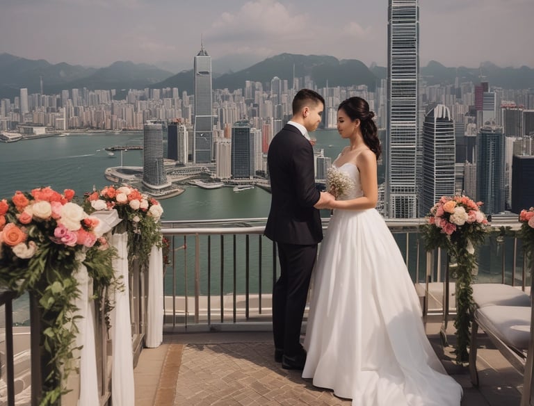 A beautifully decorated wedding setup on a terrace overlooking a city skyline.