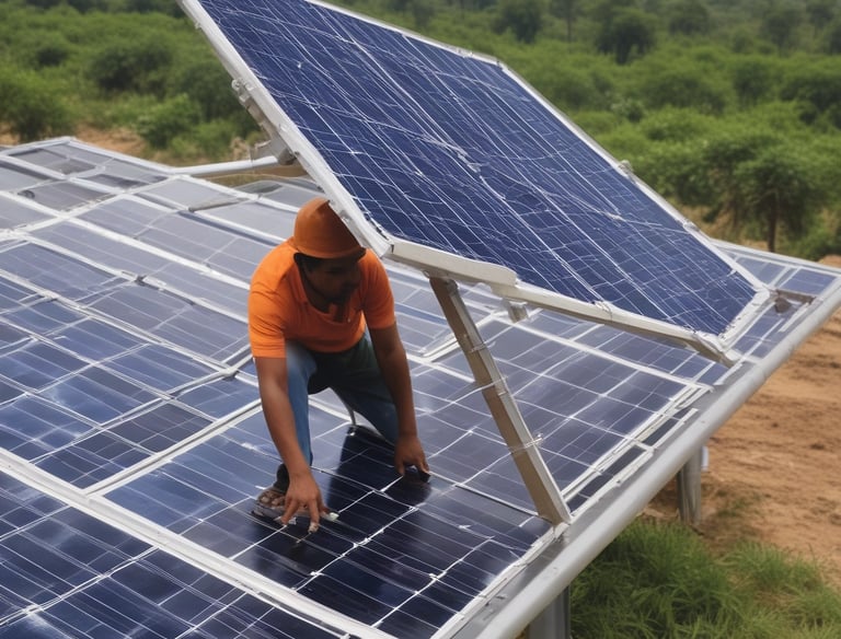 A professional installing solar panels on a rooftop.