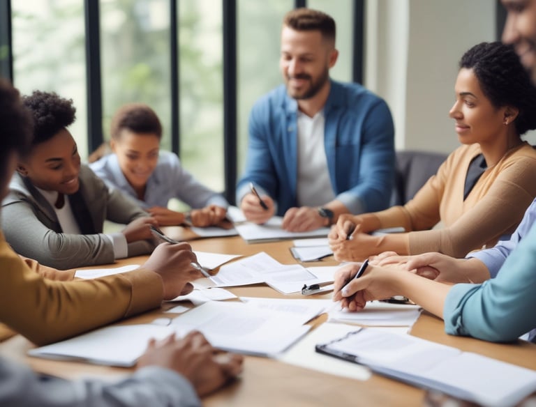 A smiling candidate receiving a job offer in a bright office.