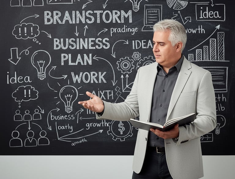 David standing in front of a brainstorm wall, presenting strategic marketing ideas.