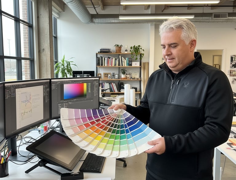 David  mantegh reviewing a color wheel in Mantegh Studio, working on packaging design.