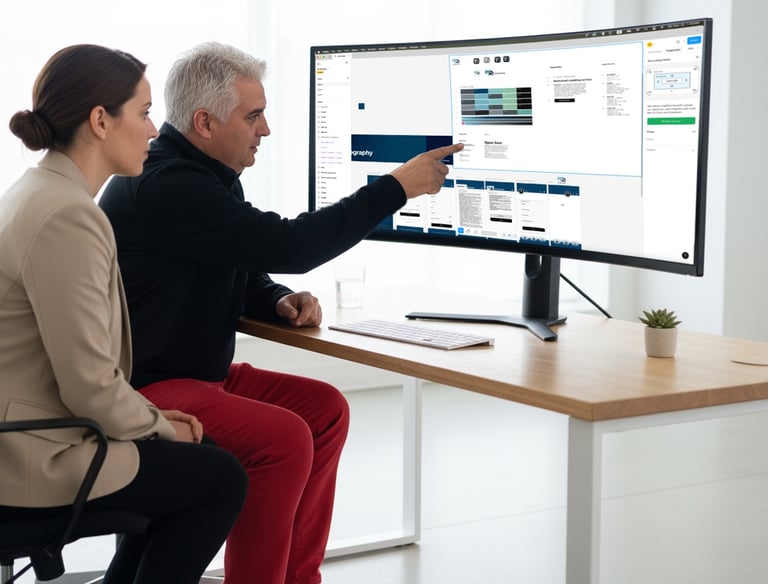 David Mantegh presenting UX wireframes to team members on a large screen at Mantegh Studio