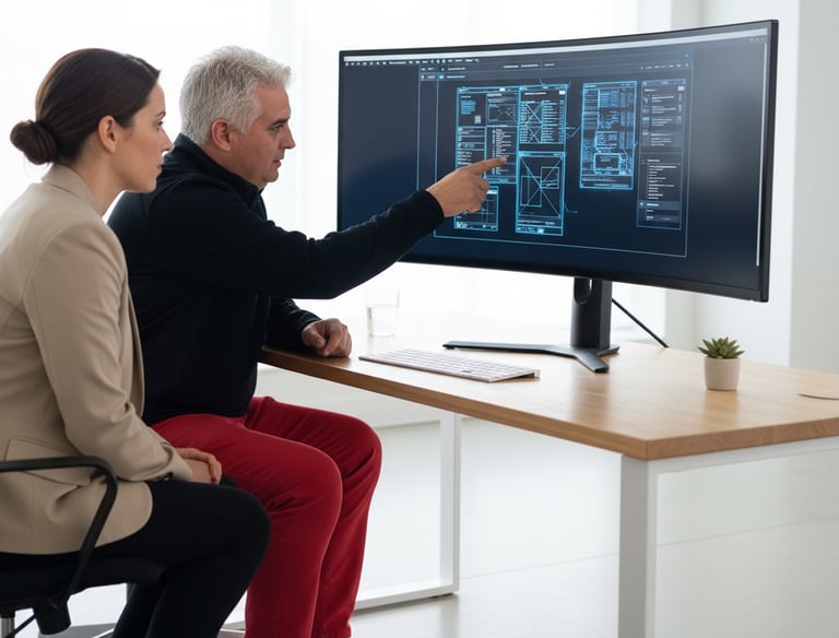 David Mantegh presenting UX wireframes to team members on a large screen at Mantegh Studio