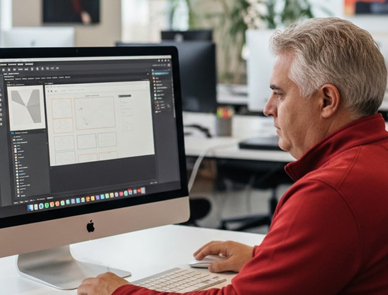David Mantegh reviewing a web design layout on an iMac in the creative workspace at Mantegh Studio