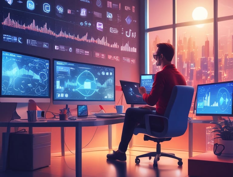 a man riding a skateboard down a street next to tall buildings