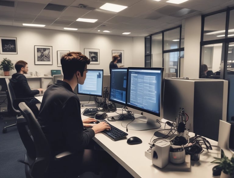 a man riding a skateboard down a street next to tall buildings