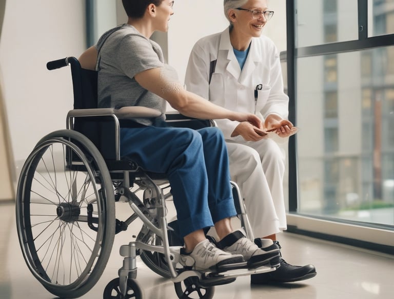 A person is seated in a wheelchair on a patio surrounded by lush green plants. The individual is smiling warmly and has their hands in a greeting or prayer gesture. The background includes architectural features and a tiled roof with trees overhead.