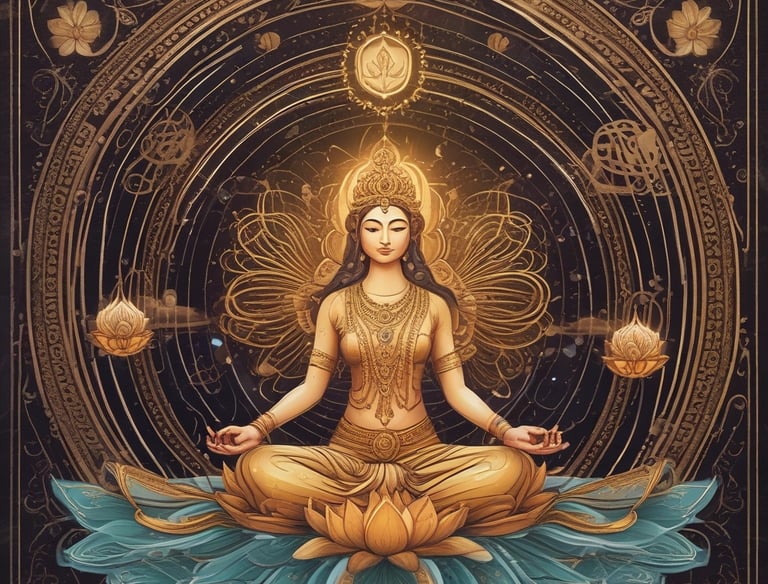 A person wearing a black t-shirt with a gold outline graphic of a mythological or spiritual figure in a meditative pose. The image captures the upper torso and partial arm of the individual in an outdoor setting.