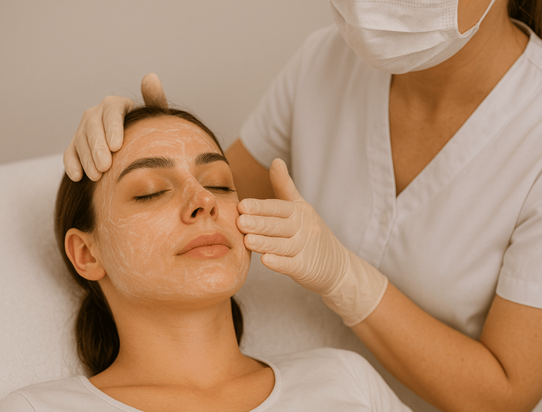 a woman getting a facial mask with a mask on