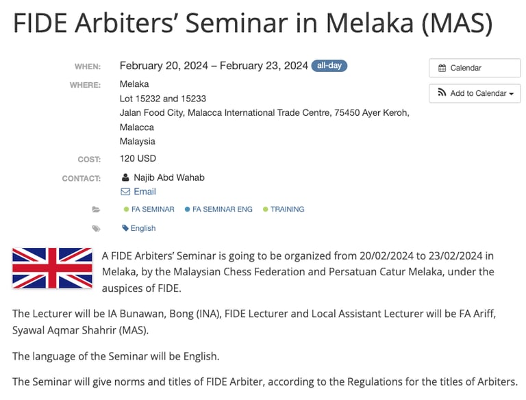 MCF To Organize An Fide Arbiter FA Seminar In Melaka, Malaysia During Commonwealth