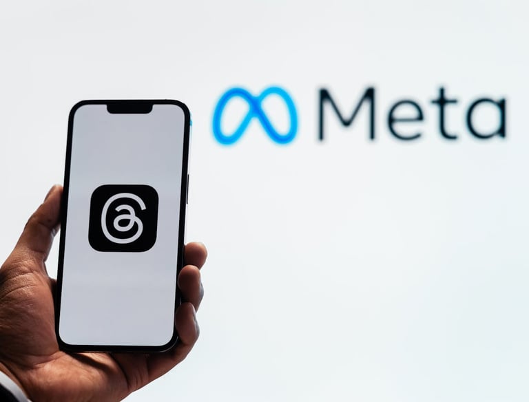 Mano sosteniendo celular mostrando aplicaciones de meta