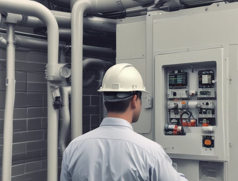A professional inspecting a building's energy systems with a clipboard.