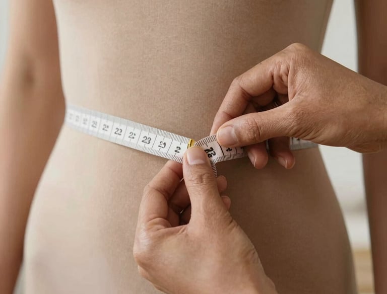 Tailor adjusting a wedding dress on a mannequin in a bright studio.