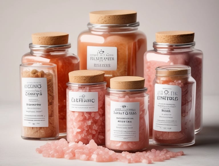 A close-up of coarse Himalayan pink salt crystals on a wooden surface.