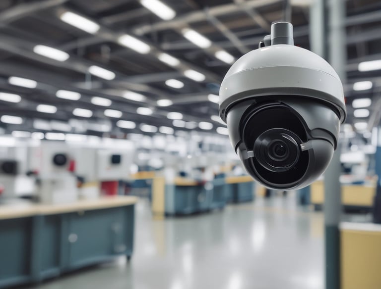 A trio of modern security cameras attached to a vertical metal pole, set against a backdrop of gray vertical lines, evoking an industrial and surveillance-themed setting.