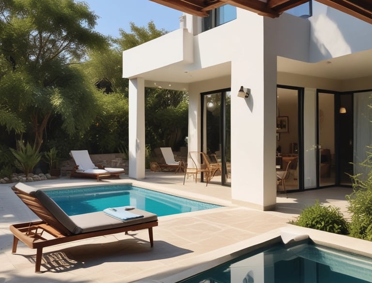 A rustic stone villa with multiple windows is complemented by a clear swimming pool in the foreground. The villa features a staircase leading up to an arched balcony, and is surrounded by lush greenery. A straw fringe parasol is partially visible, adding to the tropical ambiance.