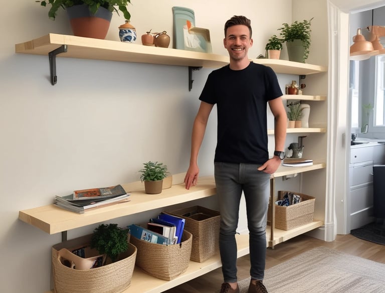 A man is working in a room with a marble-tiled wall and a window surrounded by metal frames. The man is wearing a gray shirt and white pants, using tools for what appears to be an installation or maintenance task. The ceiling is blue with several recessed lights.