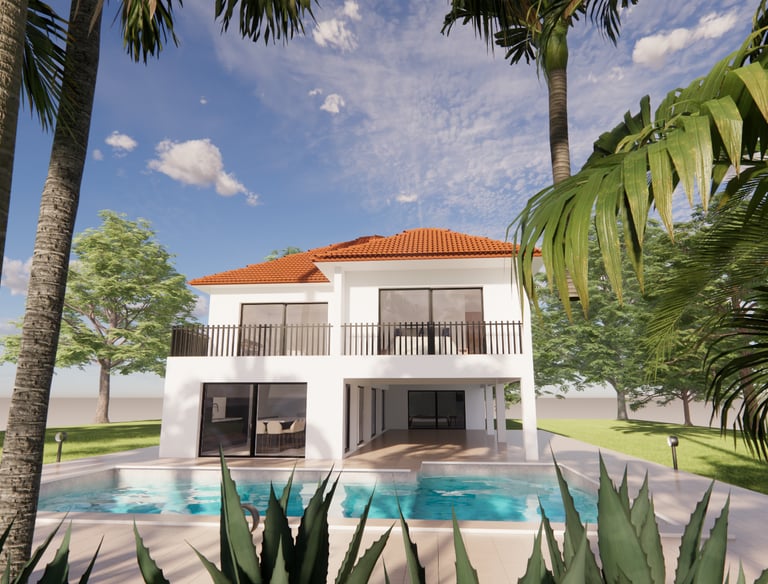 Modélisation 3D d’une maison moderne avec toit en pente et grandes baies vitrées, créée pour un doss