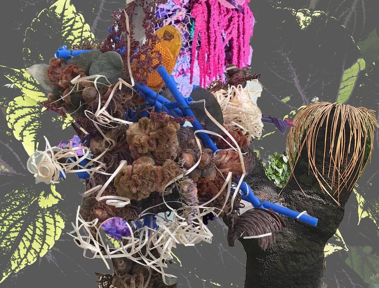 Digital collage 'Meet you at midnight', part of the Fractured Ephemera series, showcasing fluid and layered Ikebana elements