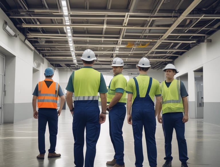 Three individuals engaged in cleaning large glass doors. One person is using a broom or mop to scrub the glass, another is spraying water, and the third person is wearing a hard hat and a safety vest. There are construction materials in the foreground.