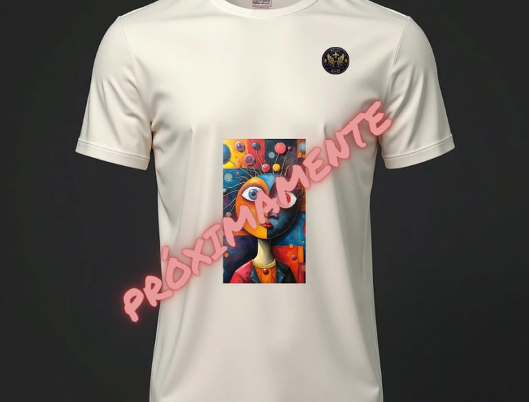Camiseta impresa con obra cubista con colores vivos con letras de "Próximamente"