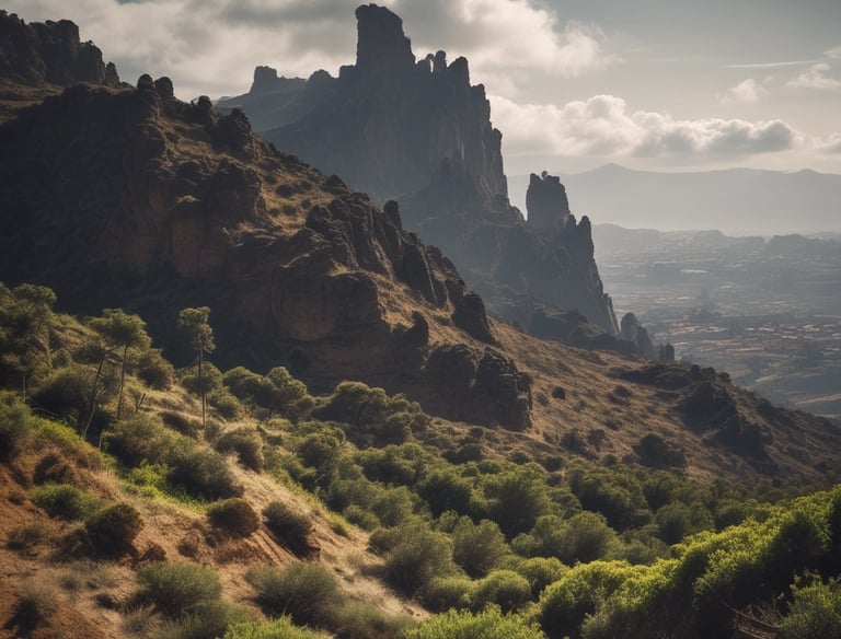 A large ferry boat is carrying several trucks across a wide river. The boat has a multi-story structure and is painted in shades of blue and white. There are green, hilly terrains on the left side and mountainous landscapes in the background with a calm sky.