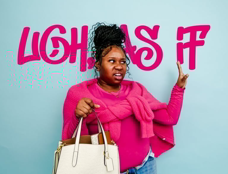 a woman in a pink sweater and jeans jeans, holding a white purse