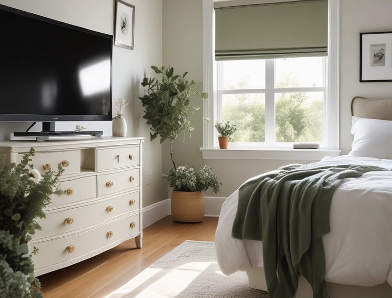 Cozy, modern bedroom with soft lighting and calming decor.