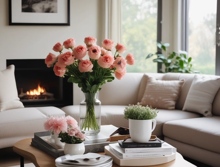 A cozy, modern apartment living room with soft lighting and elegant decor.