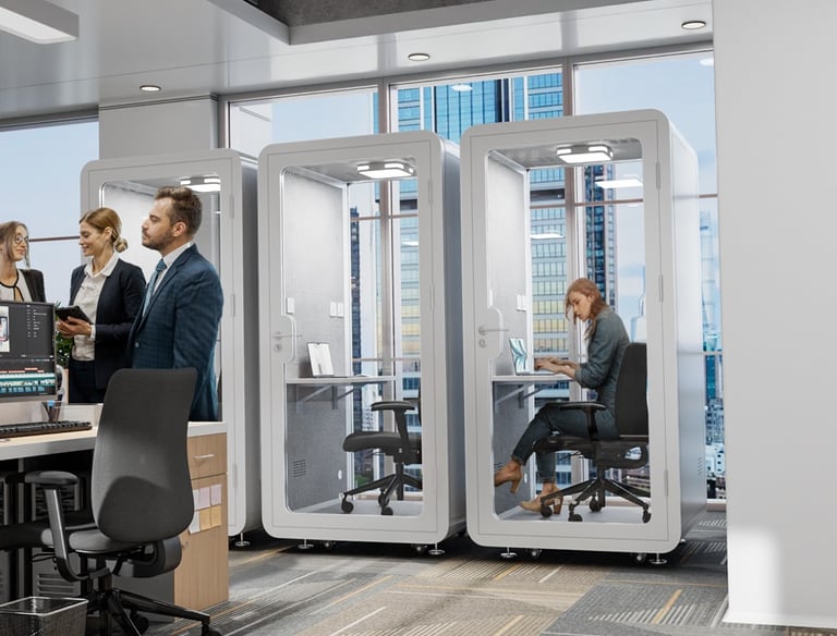 Single acoustic pod with glass panels for quiet workspace