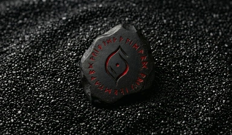 Black ritual stone with red glowing Elder Futhark runes on dark textured sand.