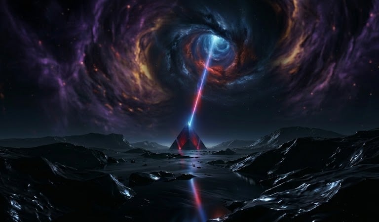 A futuristic pyramid on a dark planet shooting a laser beam into a swirling cosmic nebula.