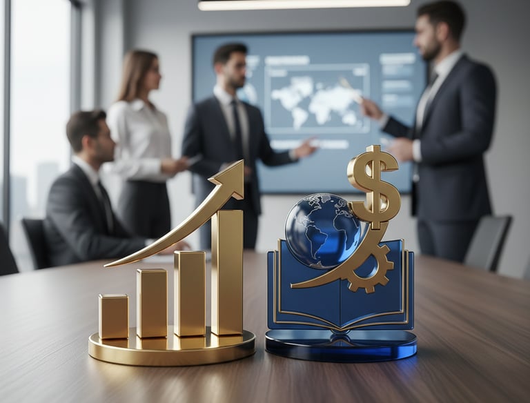 Símbolos de finanças na mesa gráfico de crescimento, livro, globo e engrenagem executivos em reunião