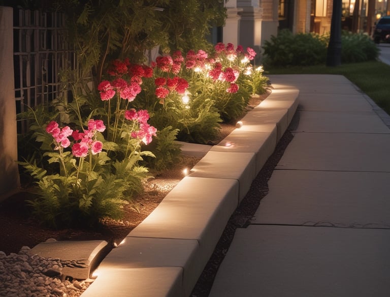 A well-lit garden scene featuring a bright streetlight illuminating the area. In the foreground, reflective water with visible droplets captures the light, while trimmed shrubs and tall trees surround the space, creating a serene, natural environment.