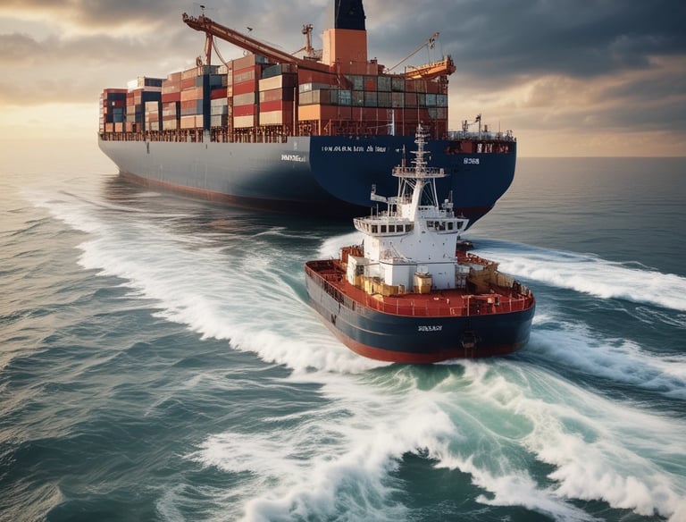 Several stacked shipping containers, predominantly showcasing the brands 'CMA CGM' on blue containers and 'EVERGREEN' on green containers. Below the containers is a blue and white sign with Asian characters.