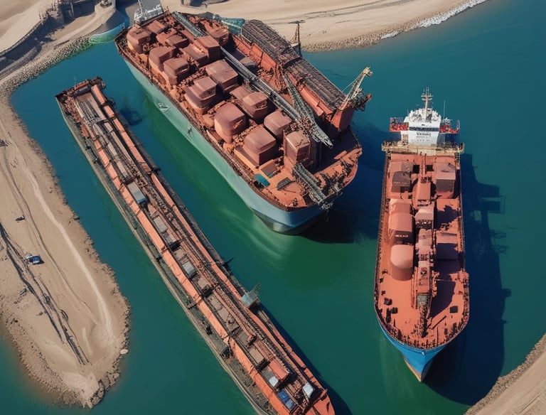 A large cargo ship is navigating the water, stacked with red shipping containers labeled 'SHIN YANG.' A smaller vessel is moving alongside by the port, leaving a trail in the water. In the background, cranes and industrial structures are visible against a somewhat cloudy sky.