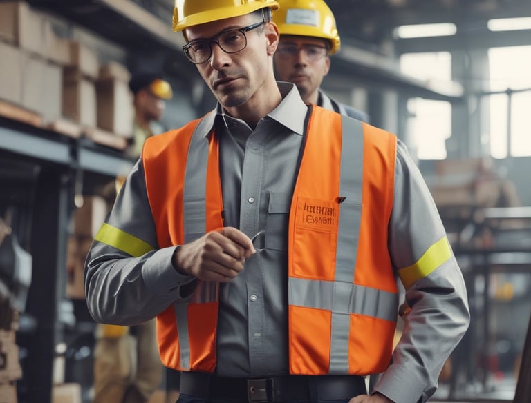 A person wearing a red hard hat and red protective workwear can be seen from behind. The helmet has a 'Safety First' sticker, emphasizing workplace safety. The person appears to be outdoors, and there is a green, blurred background, suggesting a construction or industrial setting.