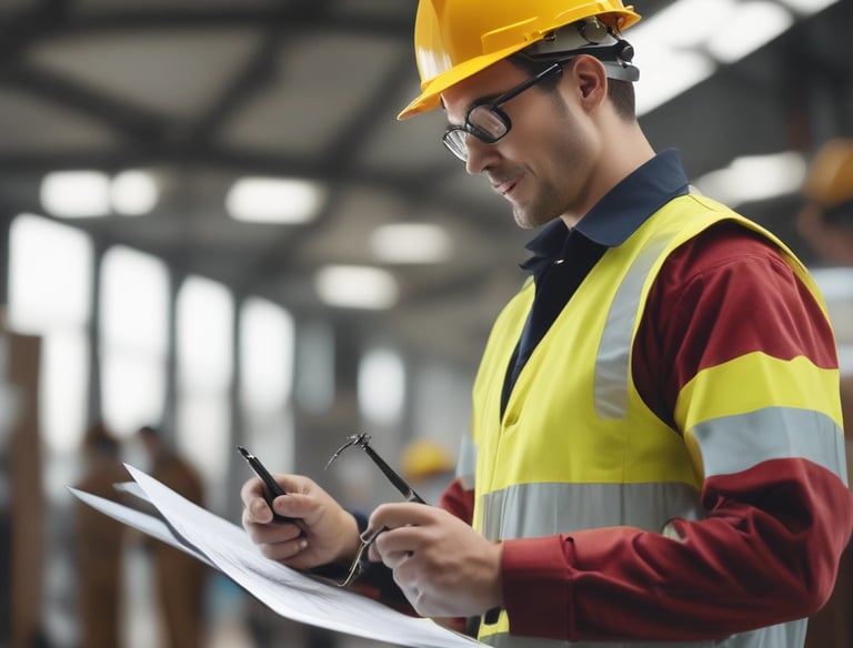 Two construction workers wearing safety vests and helmets walk past a construction site. A sign on the fence reads, 'TEAM WORKS! NO TO ACCIDENT YES TO SAFETY!!!' The background includes a building with blue and yellow exterior colors.